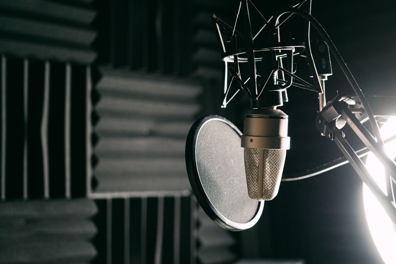 Close-up of a condenser microphone and pop filter in a soundproof studio setting.
